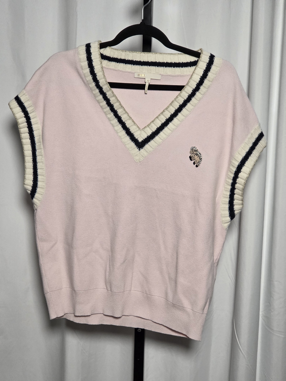 Maje Pale Pink V-Neck Knit Vest with Cream and Navy Trim